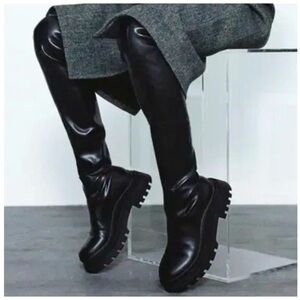 NWOT ZARA PU LEATHER LUG SOLE OVER THE KNEE TALL BOOTS